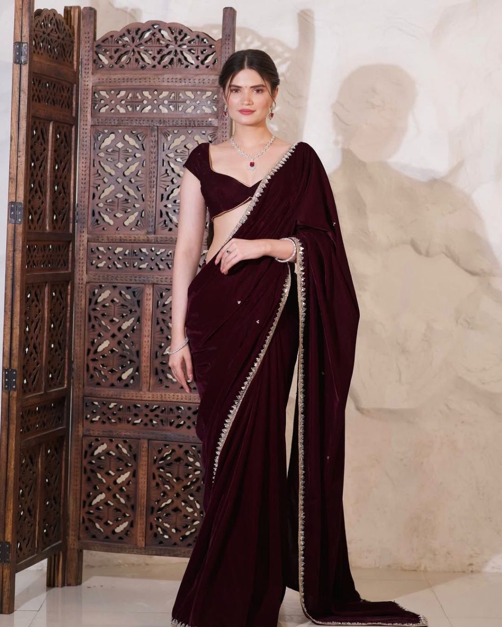 Smooth Velvet Mirror Work Saree with Lace Border and Velvet Blouse