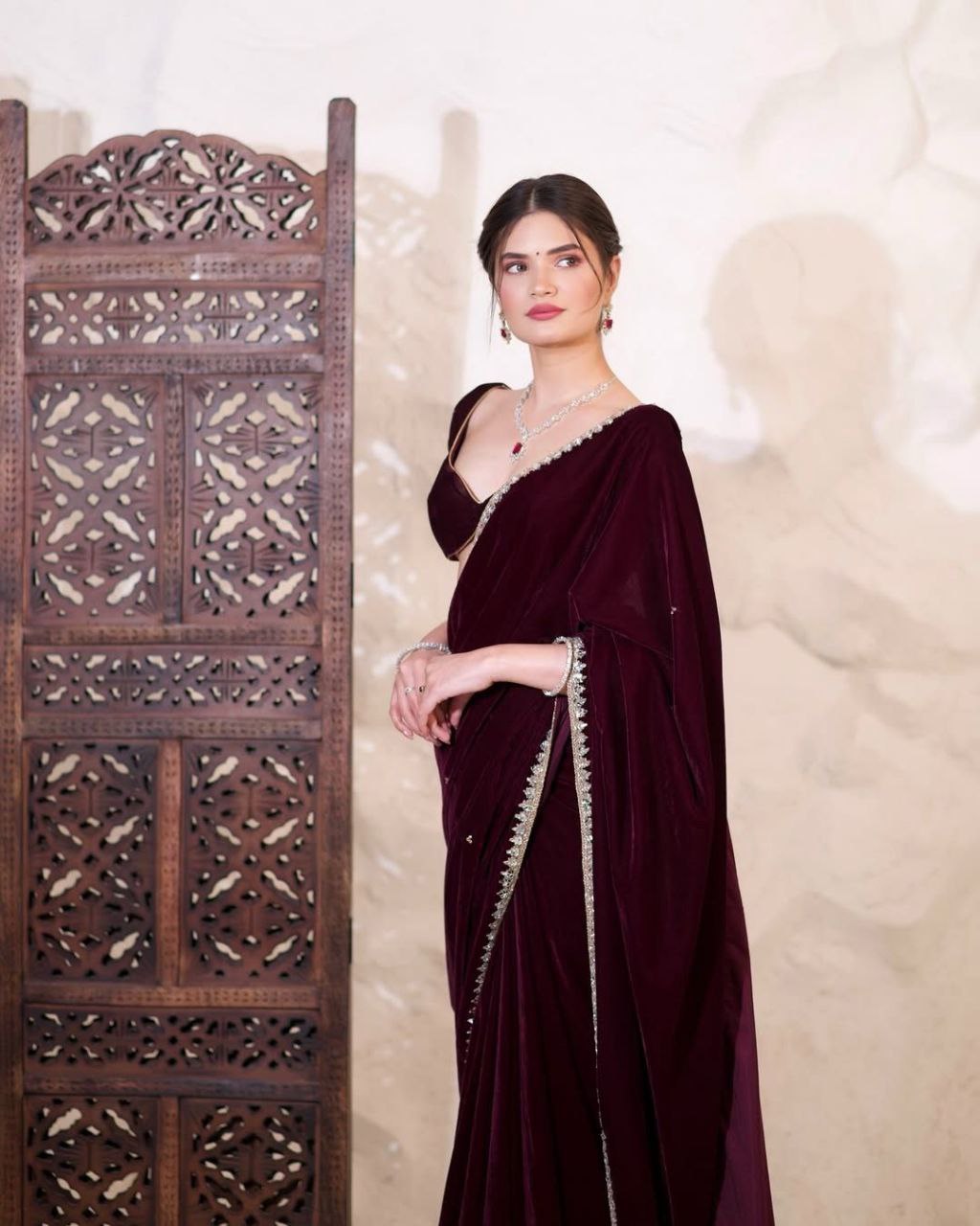 Smooth Velvet Mirror Work Saree with Lace Border and Velvet Blouse