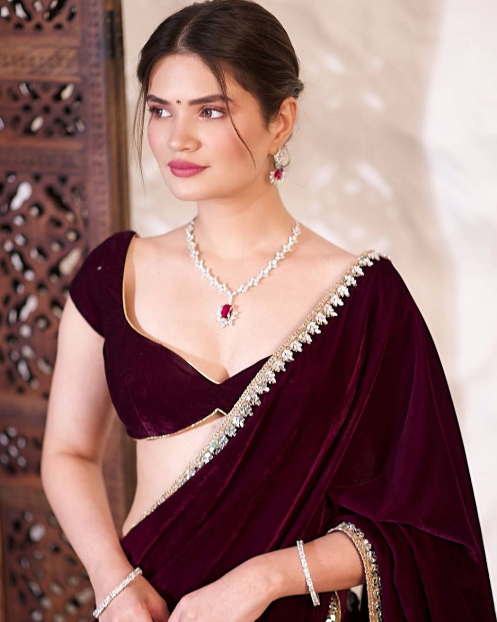 Smooth Velvet Mirror Work Saree with Lace Border and Velvet Blouse