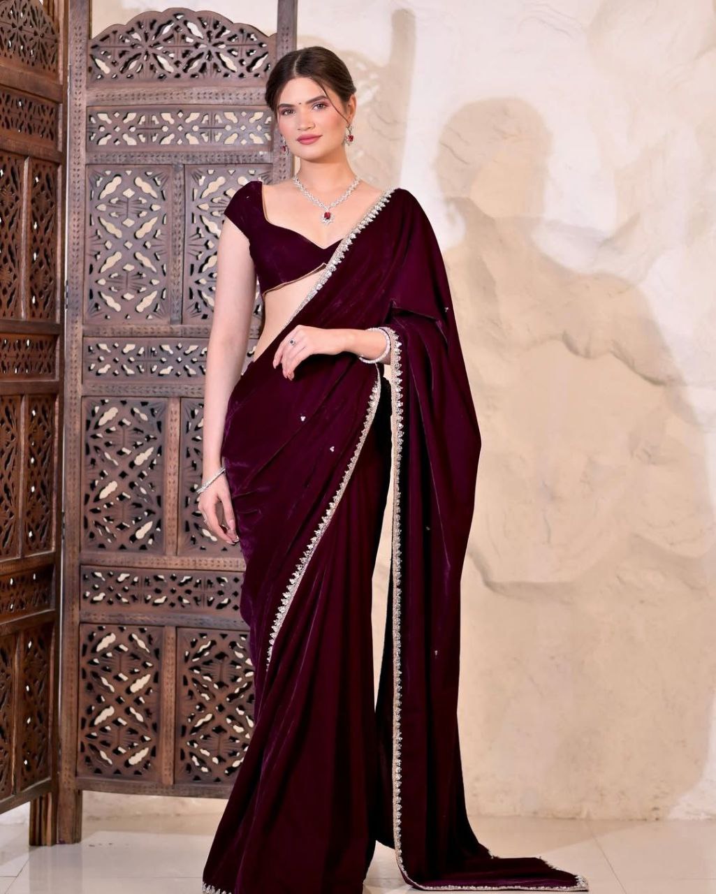 Smooth Velvet Mirror Work Saree with Lace Border and Velvet Blouse