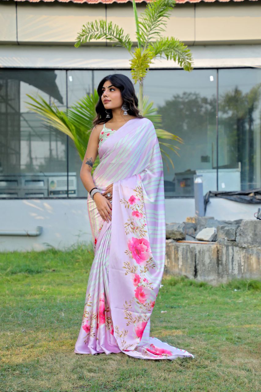 Floral Digital Print Japan Satin Silk Saree with  Blouse