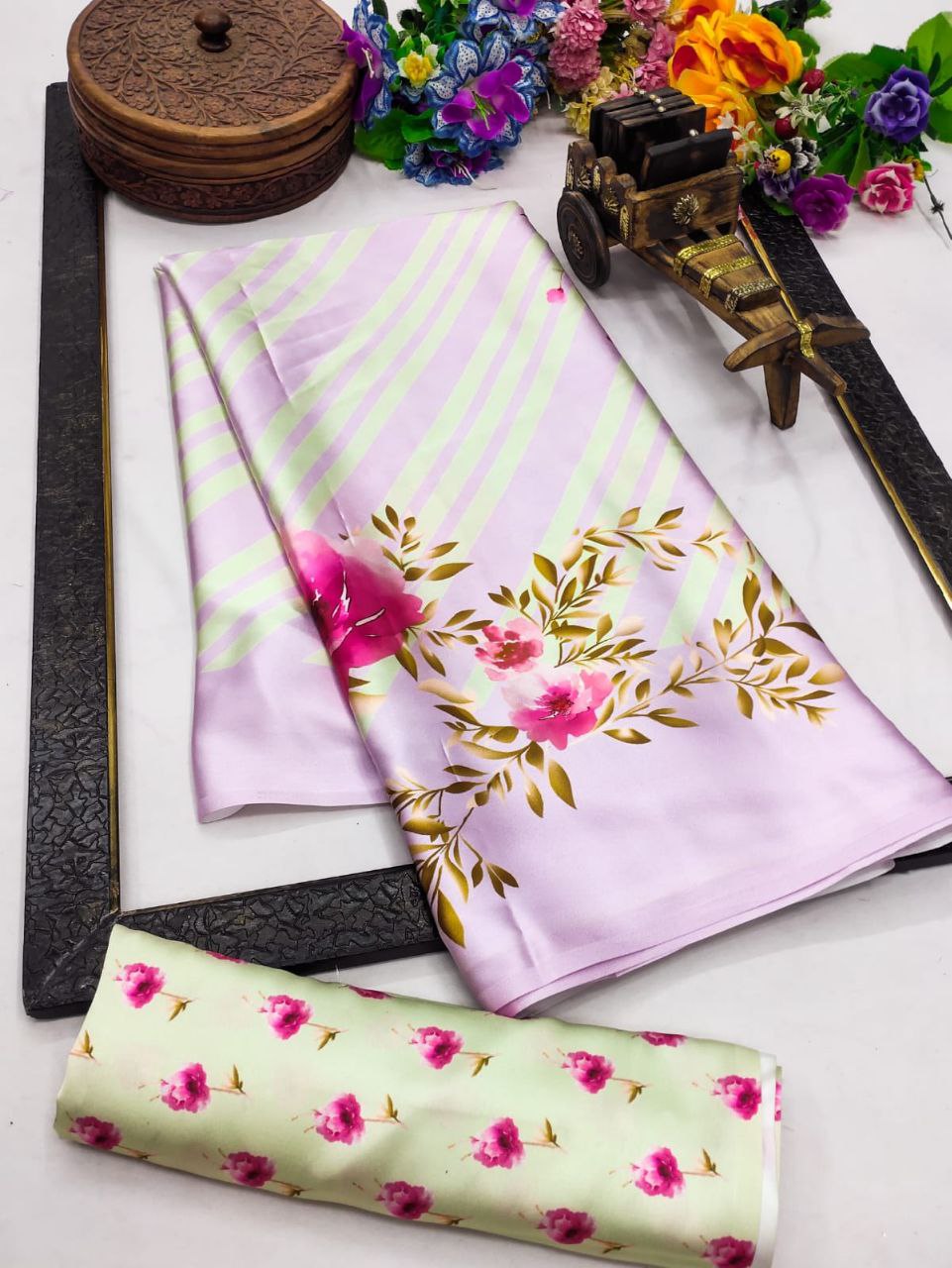 Floral Digital Print Japan Satin Silk Saree with  Blouse