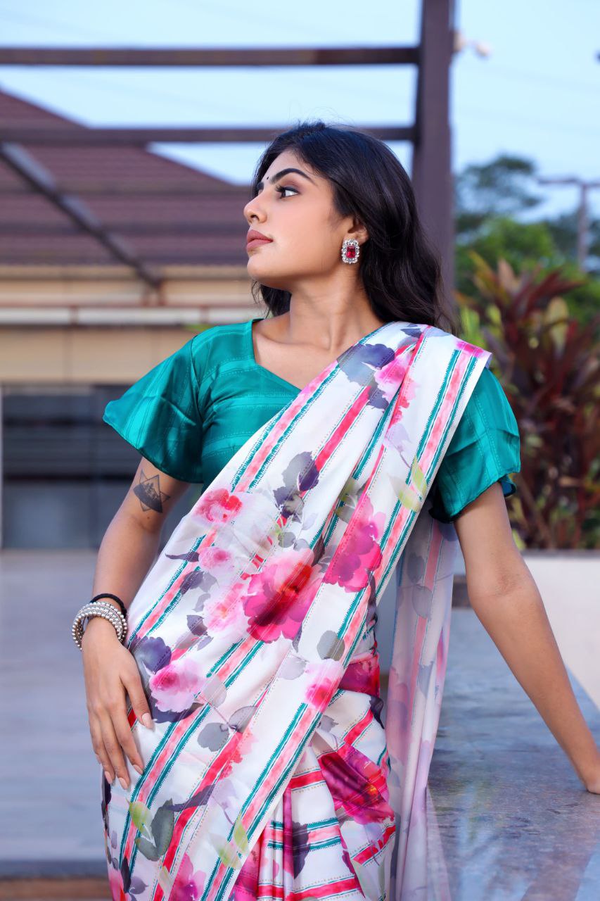 Floral Digital Print Japan Satin Silk Saree with  Blouse