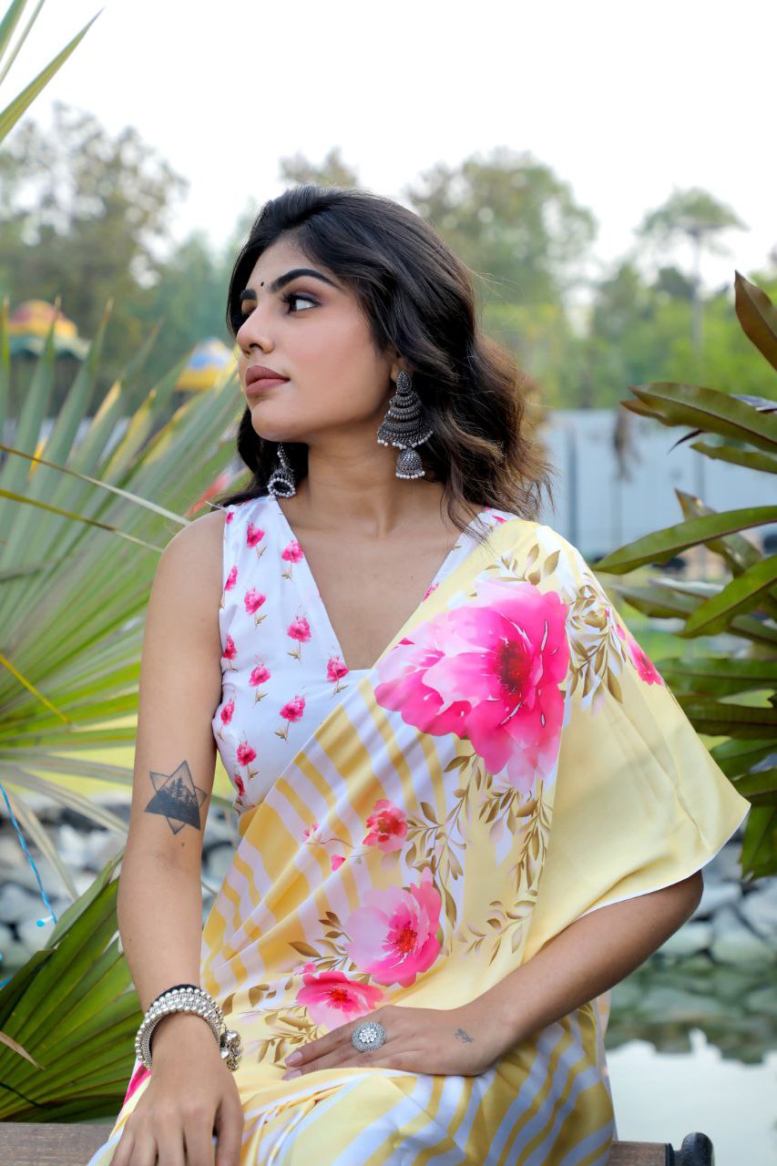 Floral Digital Print Japan Satin Silk Saree with  Blouse