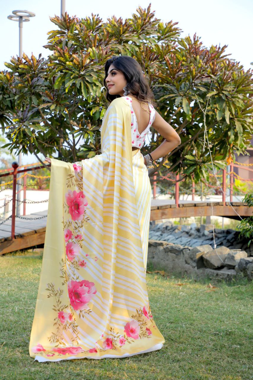 Floral Digital Print Japan Satin Silk Saree with  Blouse