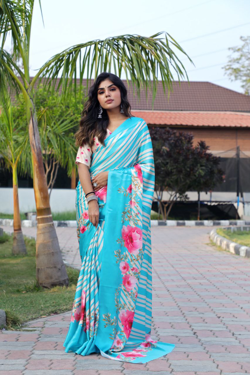 Floral Digital Print Japan Satin Silk Saree with  Blouse