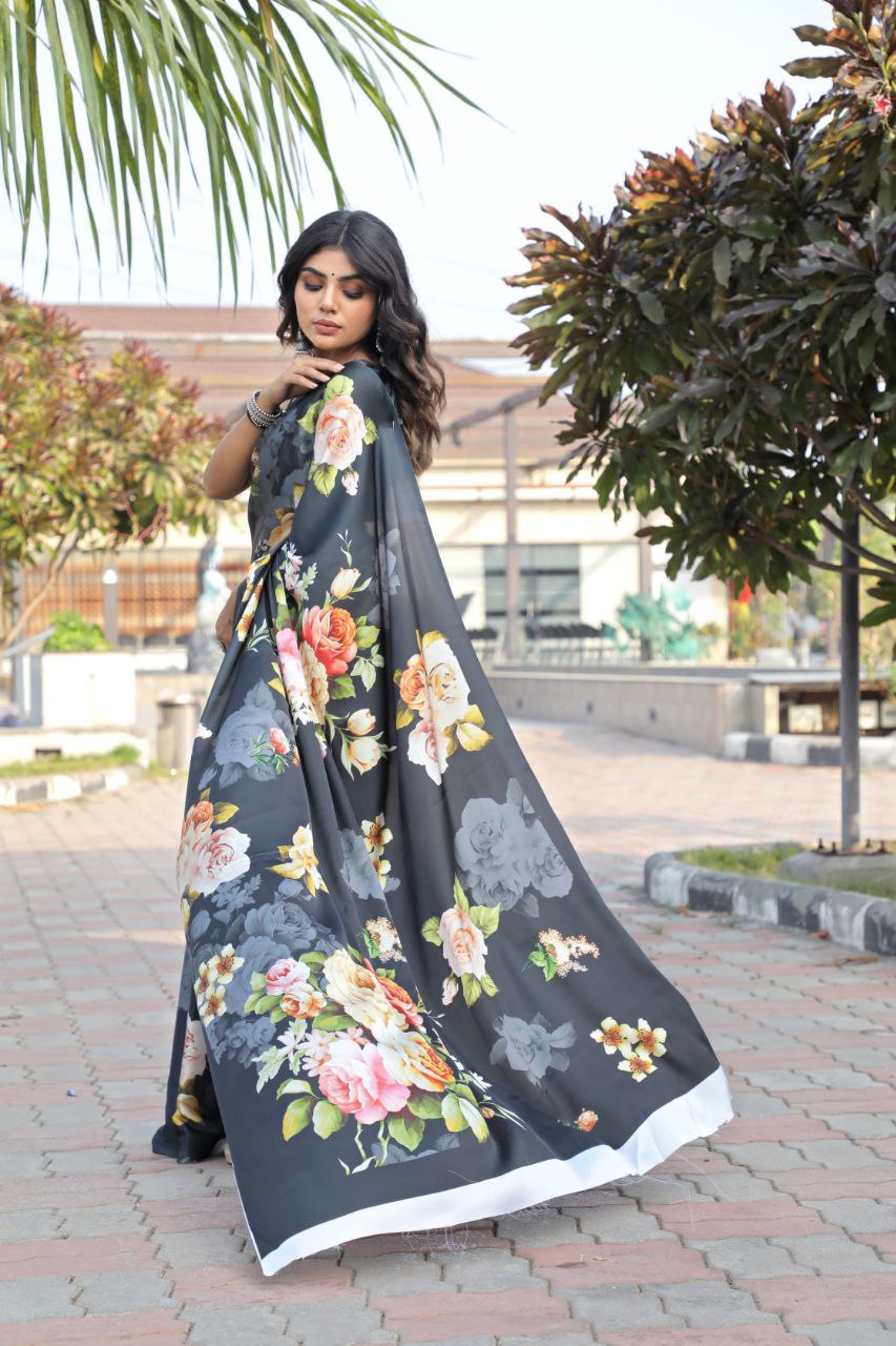 Floral Digital Print Japan Satin Silk Saree with  Blouse