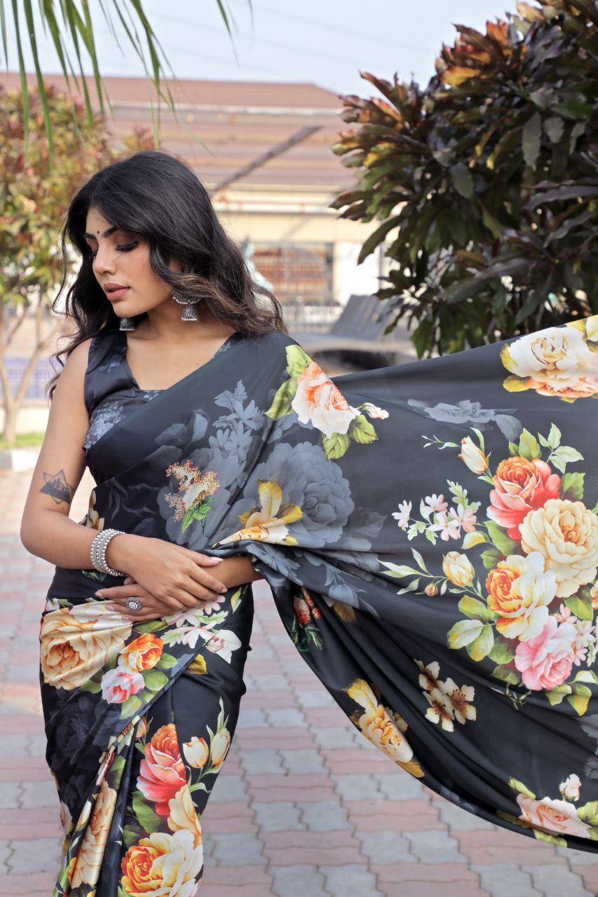 Floral Digital Print Japan Satin Silk Saree with  Blouse