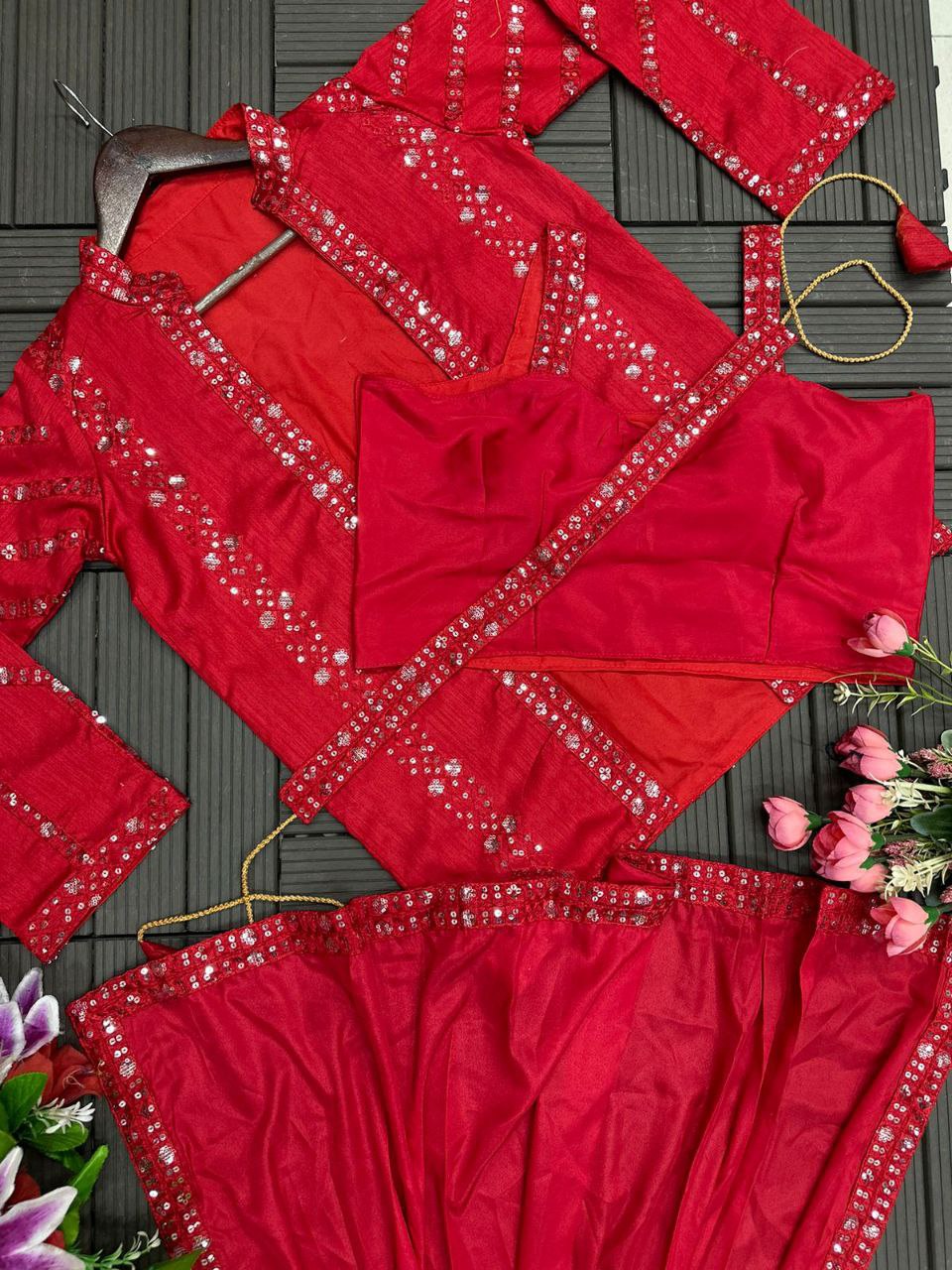 Super Trending Embroidery Sequence Work Ready-to-Wear Satin Saree with Jacket & Belt