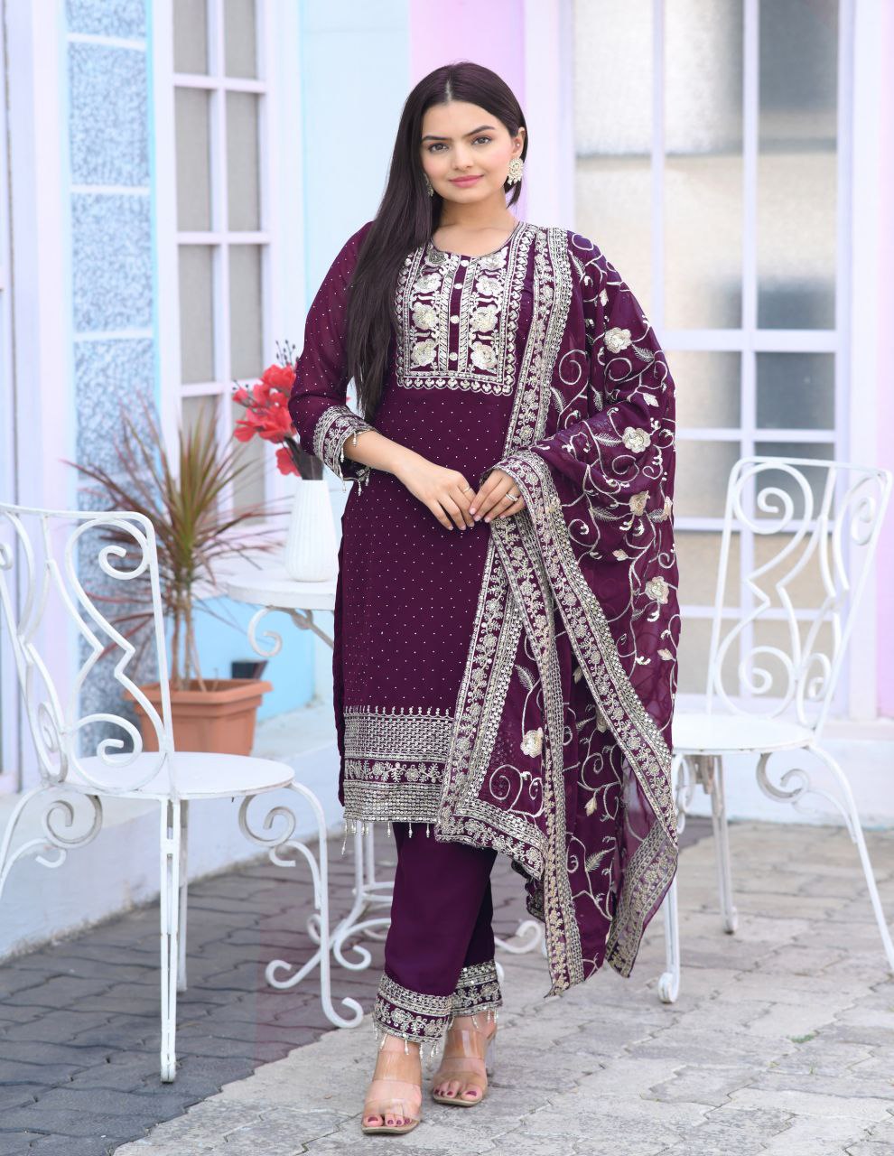 New Designer Stone & Sequence Embroidered Work Fox Georgette Kurta Suit Set