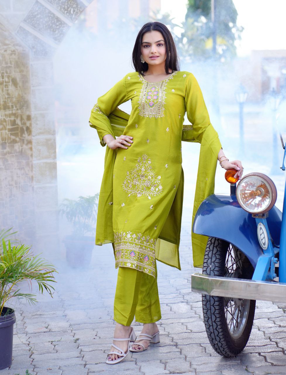 New Designer Embroidered Chinon Kurta Pant with Dupatta Set