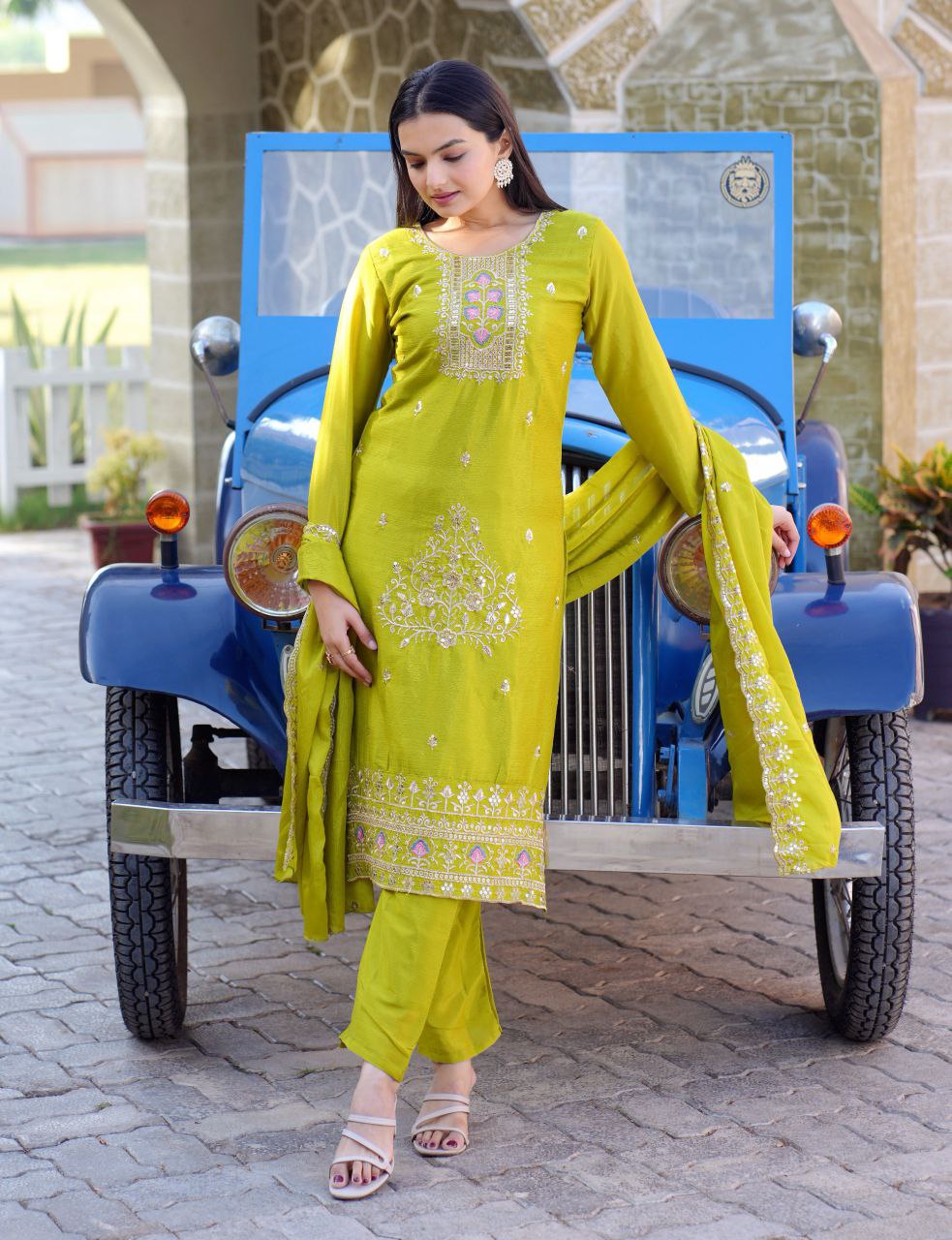 New Designer Embroidered Chinon Kurta Pant with Dupatta Set