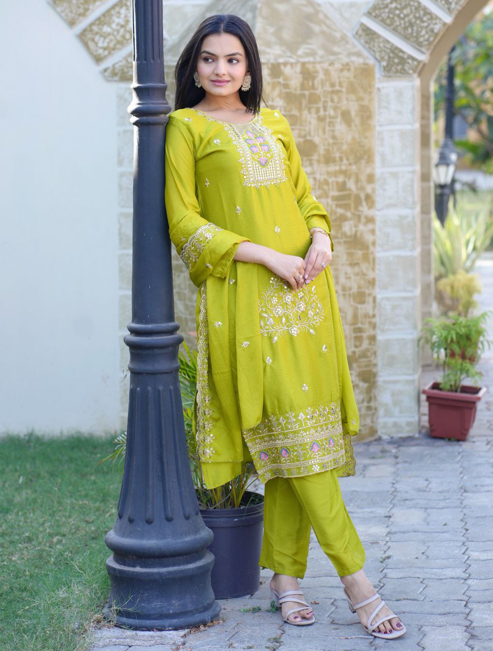 New Designer Embroidered Chinon Kurta Pant with Dupatta Set