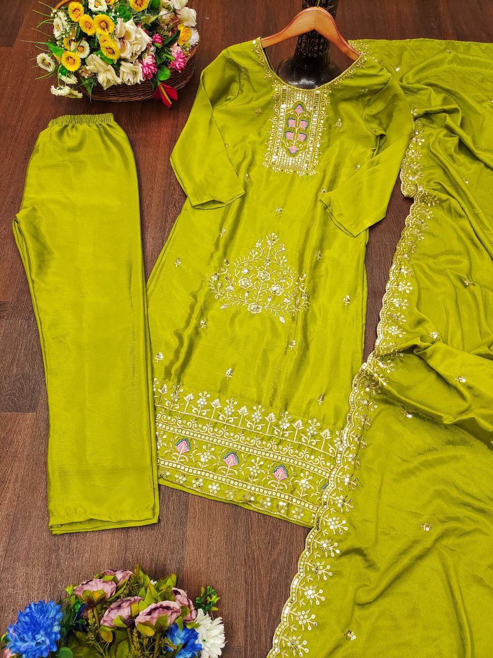 New Designer Embroidered Chinon Kurta Pant with Dupatta Set