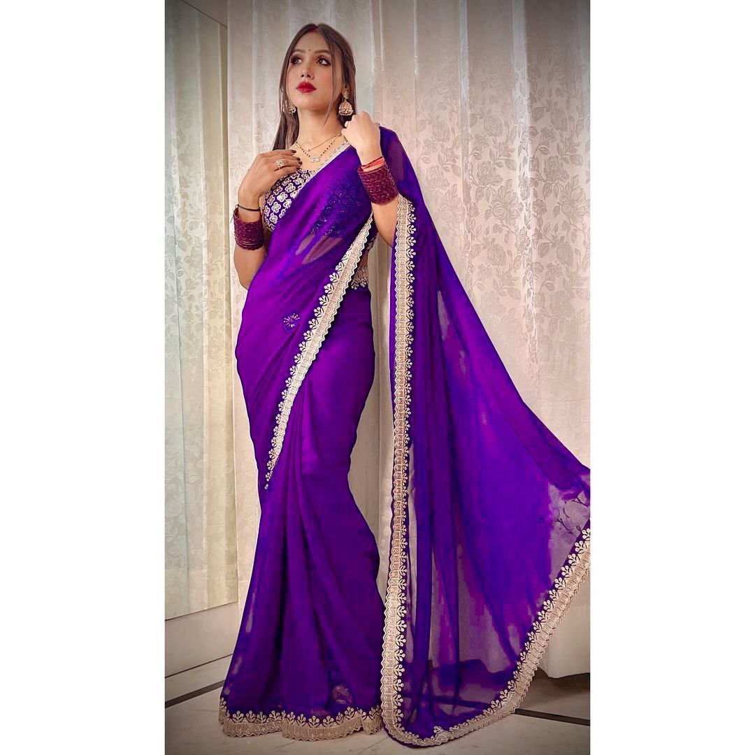 Elegant Heavy Fox Georgette Saree with Sequins & Cutwork Border