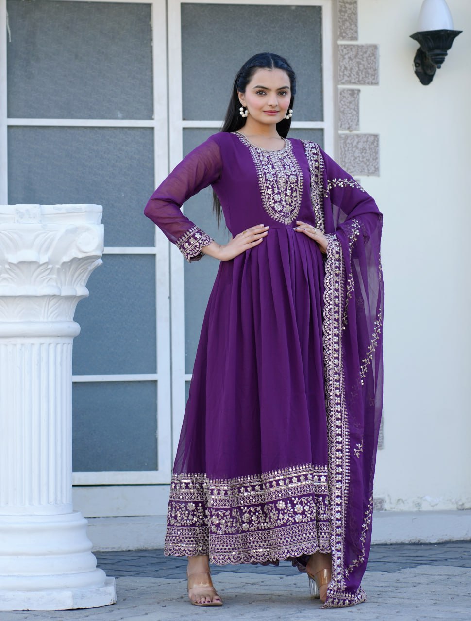 New Designer Cording Sequence Embroidered Gown with Dupatta & Pant Set