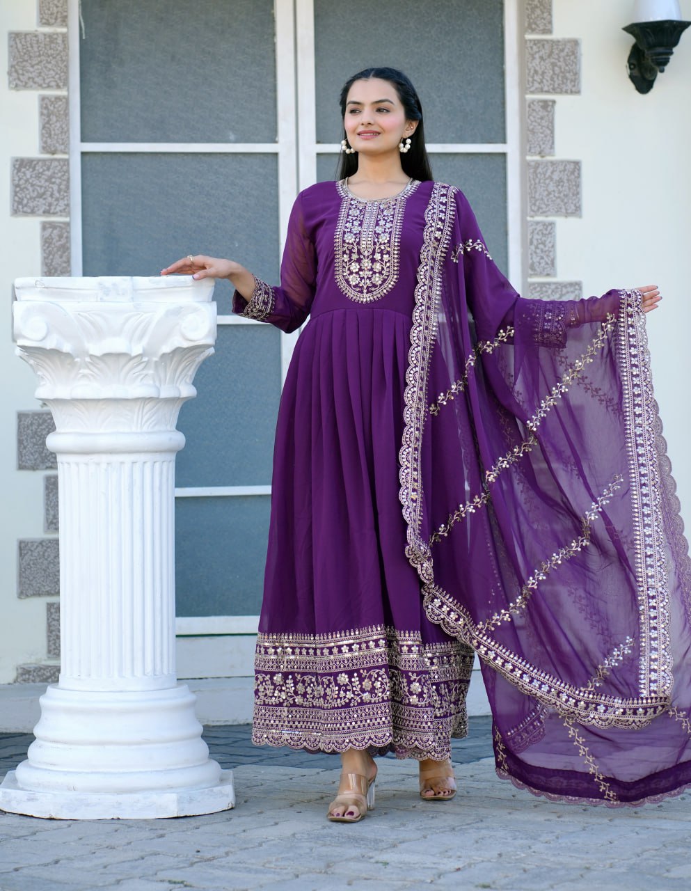 New Designer Cording Sequence Embroidered Gown with Dupatta & Pant Set