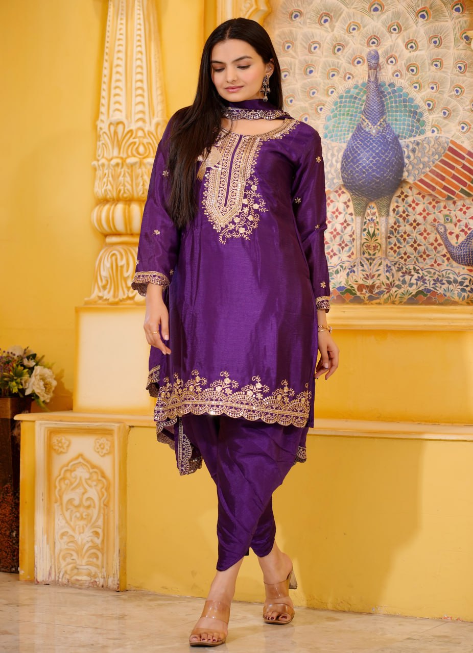 Elegant Designer Embroidered Chinon Dhoti Suit with Sequence Work