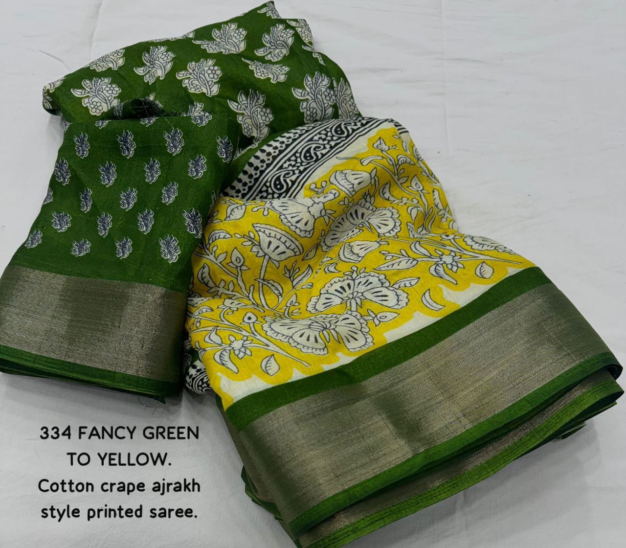 Fancy Green-to-Yellow Ajrakh Style Printed Soft Cotton Crape Saree with Blouse