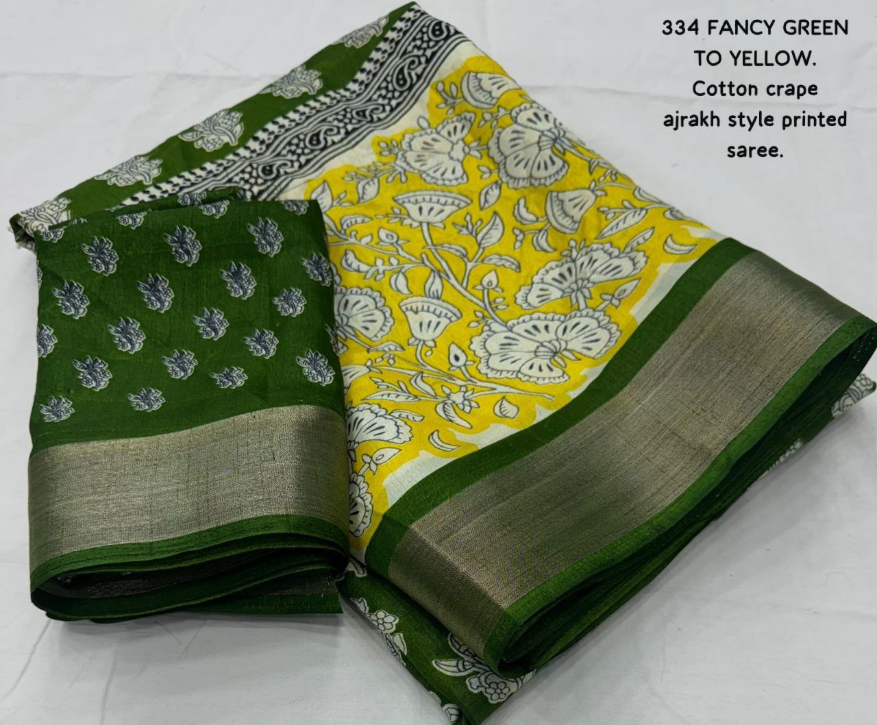 Fancy Green-to-Yellow Ajrakh Style Printed Soft Cotton Crape Saree with Blouse