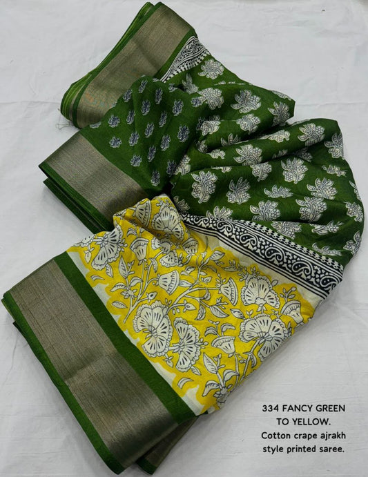 Fancy Green-to-Yellow Ajrakh Style Printed Soft Cotton Crape Saree with Blouse