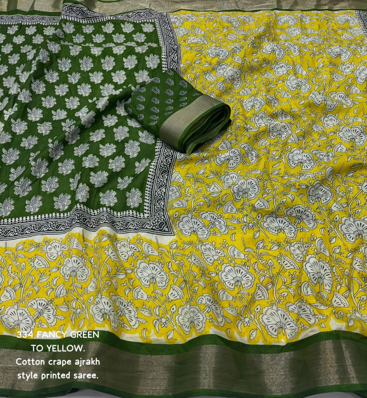 Fancy Green-to-Yellow Ajrakh Style Printed Soft Cotton Crape Saree with Blouse