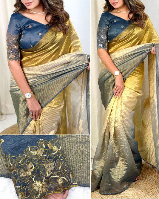 Elegant Taspa Organza Saree with 3D Color Print and Embroidered Taspa Silk Blouse