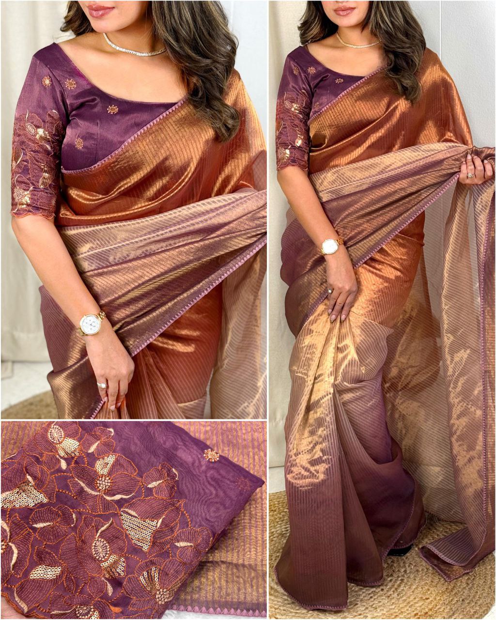 Elegant Taspa Organza Saree with 3D Color Print and Embroidered Taspa Silk Blouse