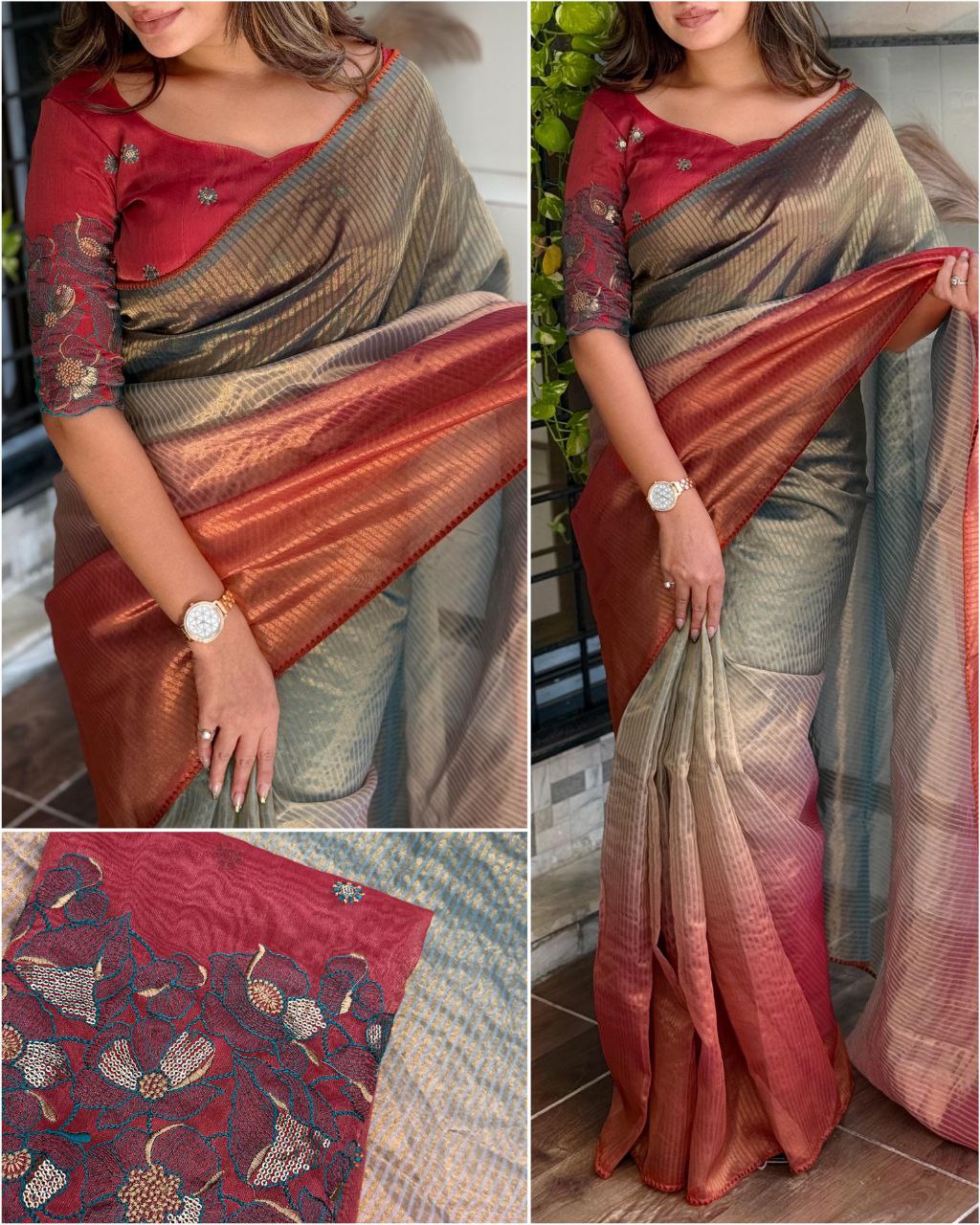 Elegant Taspa Organza Saree with 3D Color Print and Embroidered Taspa Silk Blouse