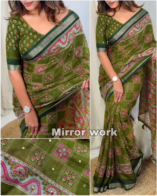 Ajrakh Printed Mirror Work and Zari Border Linen Slub Saree with Blouse