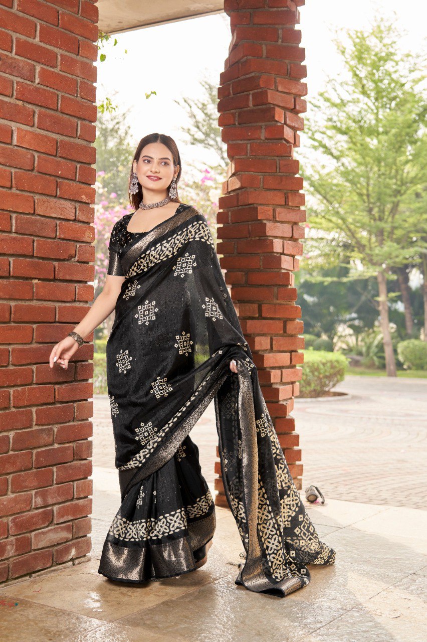 Women's Sequence Batik Printed Cotton Crape Saree With Blouse