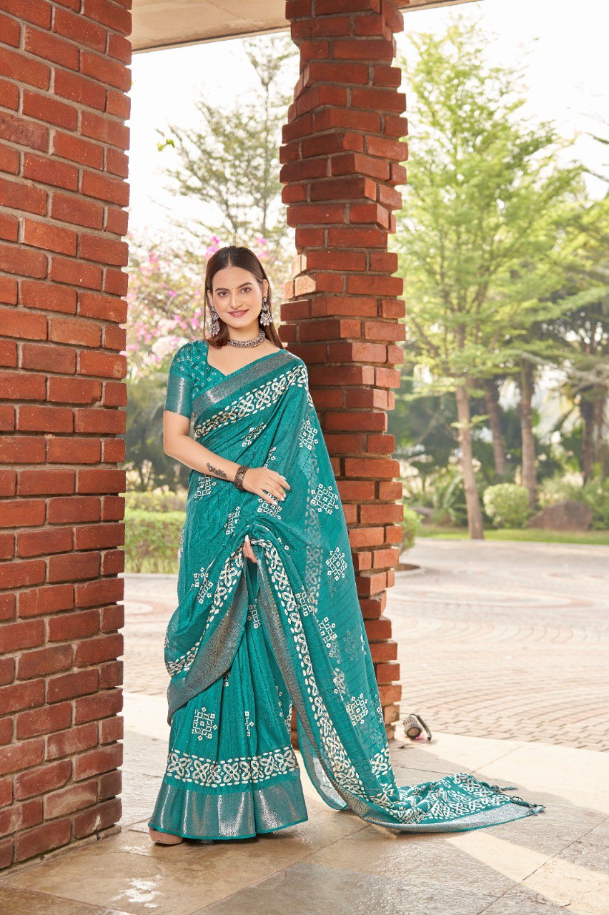 Women's Sequence Batik Printed Cotton Crape Saree With Blouse