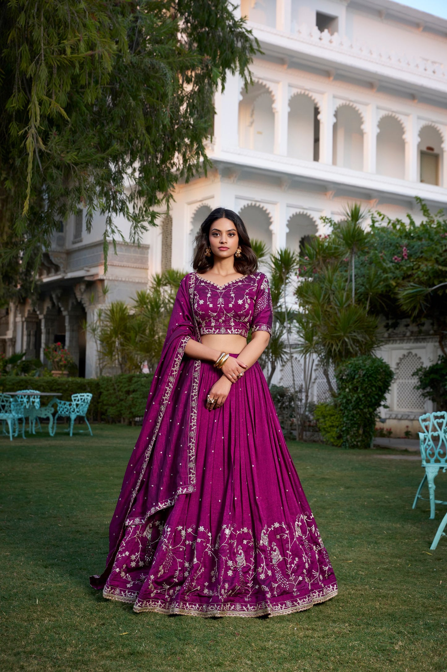 Sequins Embroidery Work Wine-Colored Vichitra Silk Lehenga Choli Set