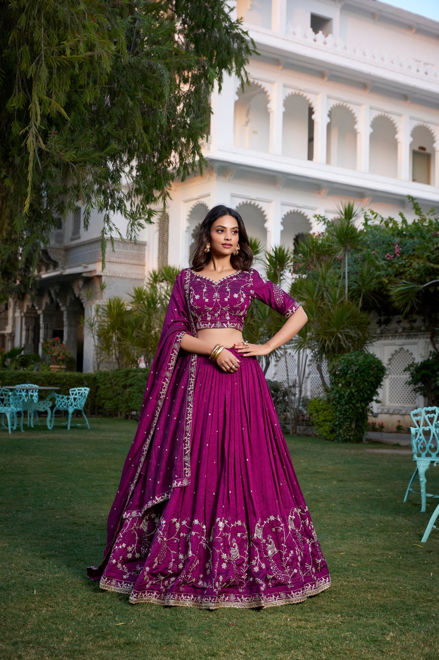 Sequins Embroidery Work Wine-Colored Vichitra Silk Lehenga Choli Set