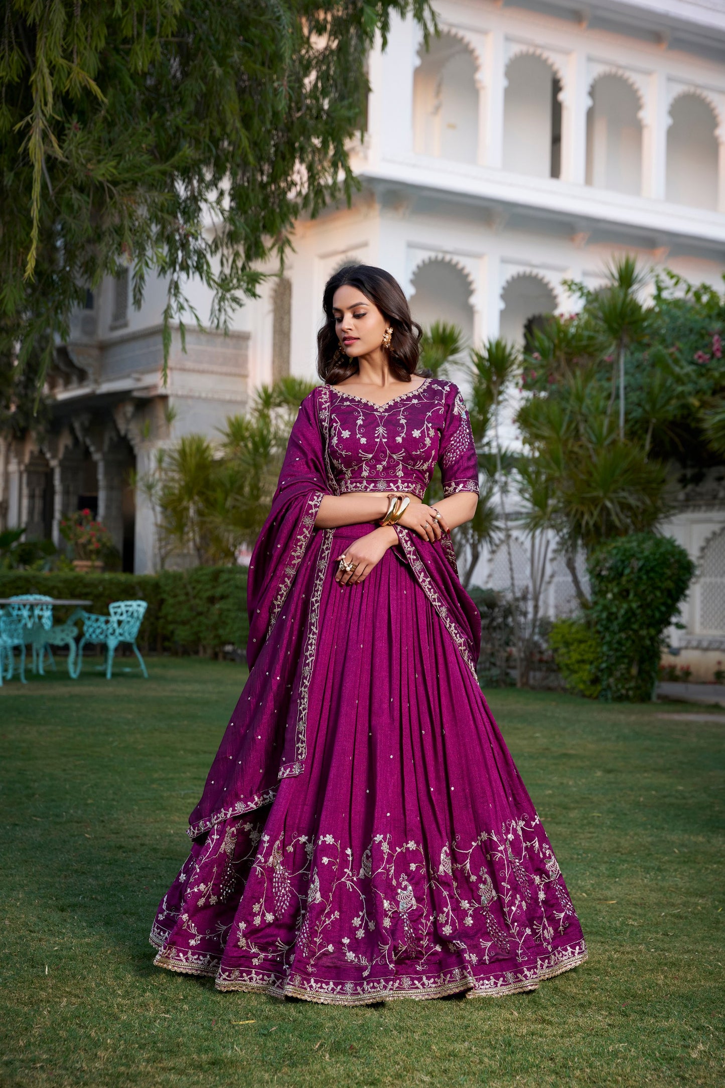 Sequins Embroidery Work Wine-Colored Vichitra Silk Lehenga Choli Set