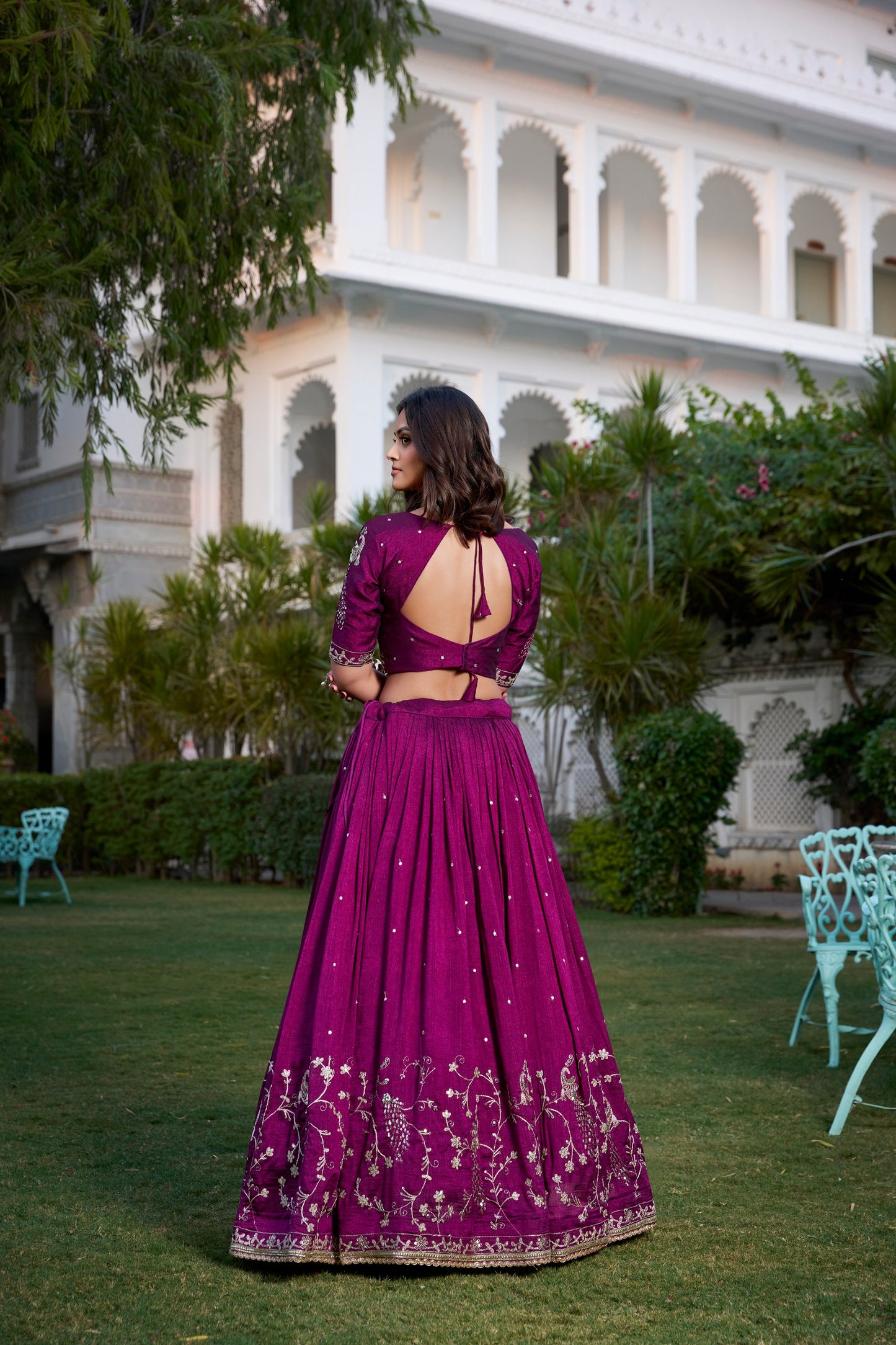 Sequins Embroidery Work Wine-Colored Vichitra Silk Lehenga Choli Set