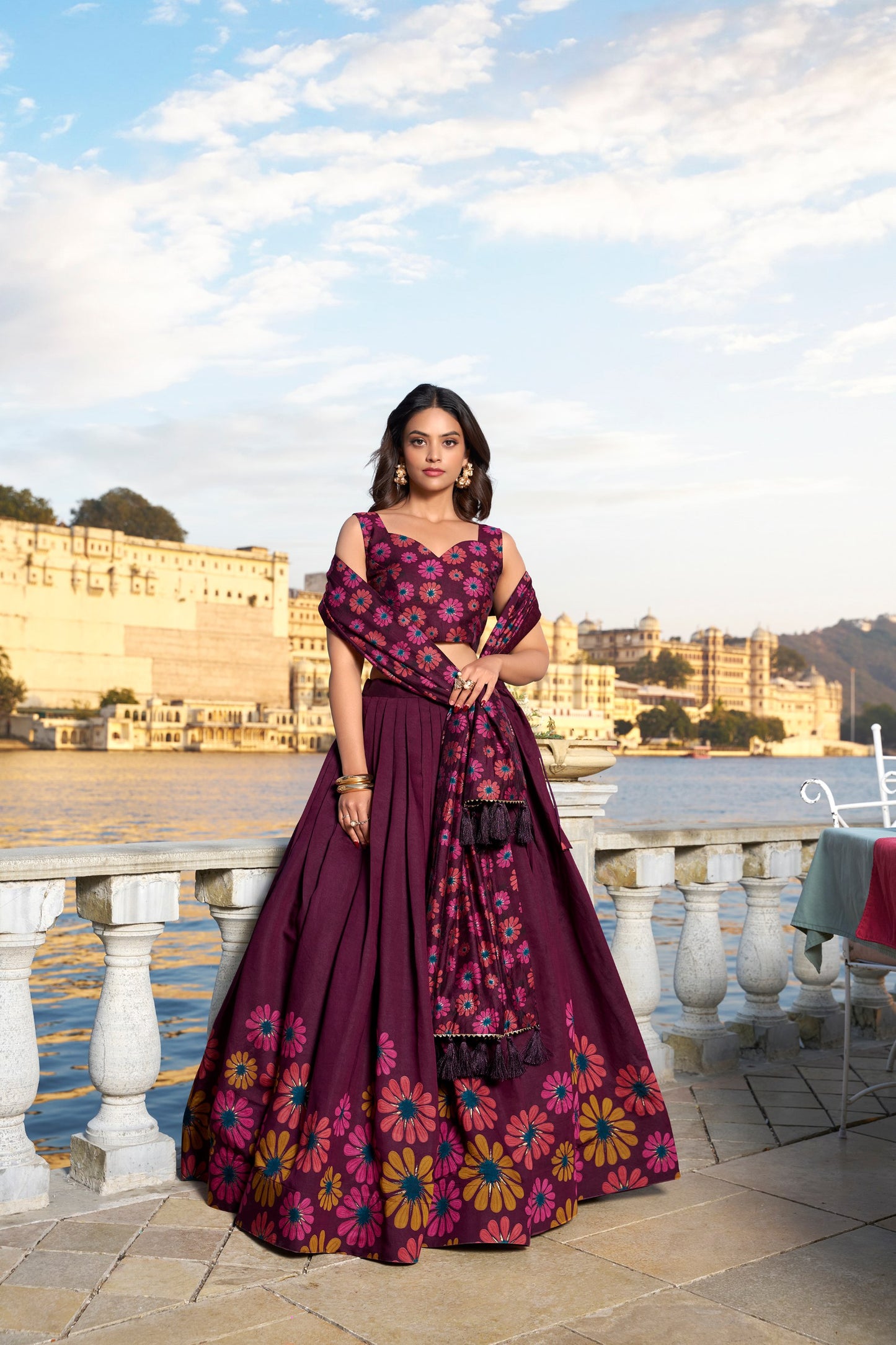 🌷Floral Tussar Silk Lehenga Choli Set with Foil Work and Tassel Dupatta 🌸