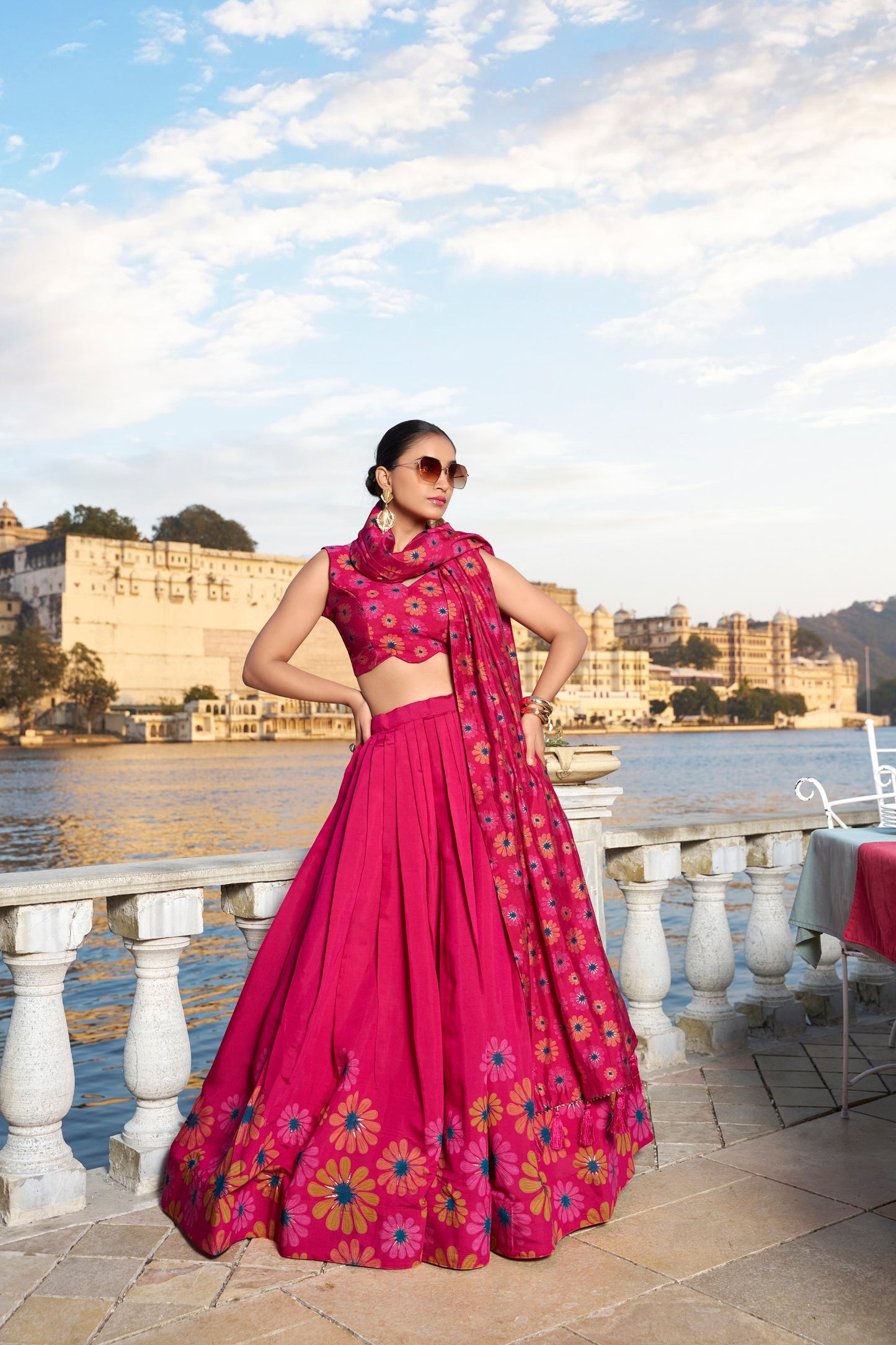 🌷Floral Tussar Silk Lehenga Choli Set with Foil Work and Tassel Dupatta 🌸