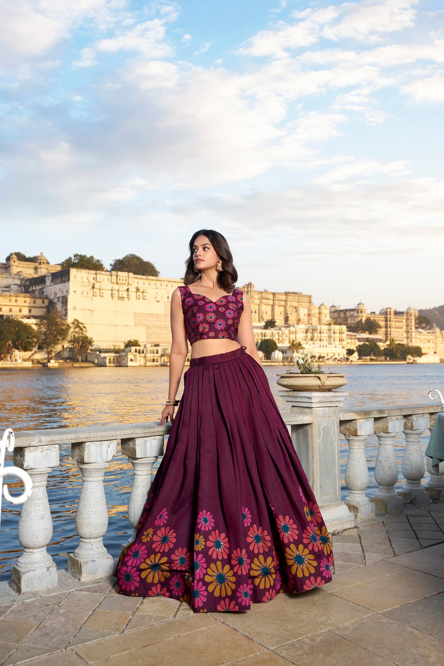 🌷Floral Tussar Silk Lehenga Choli Set with Foil Work and Tassel Dupatta 🌸