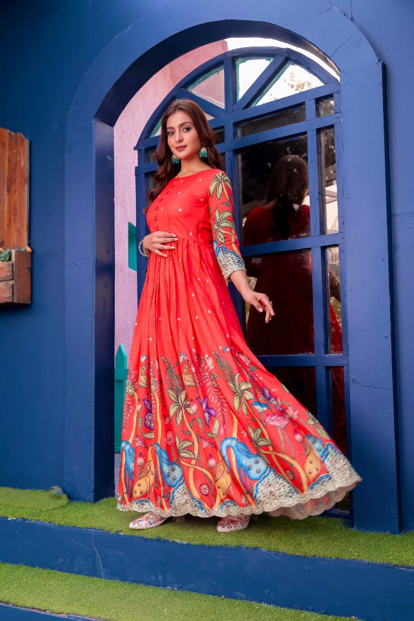 Elegant Kalamkari Printed Gown with Scallop Embroidery Details