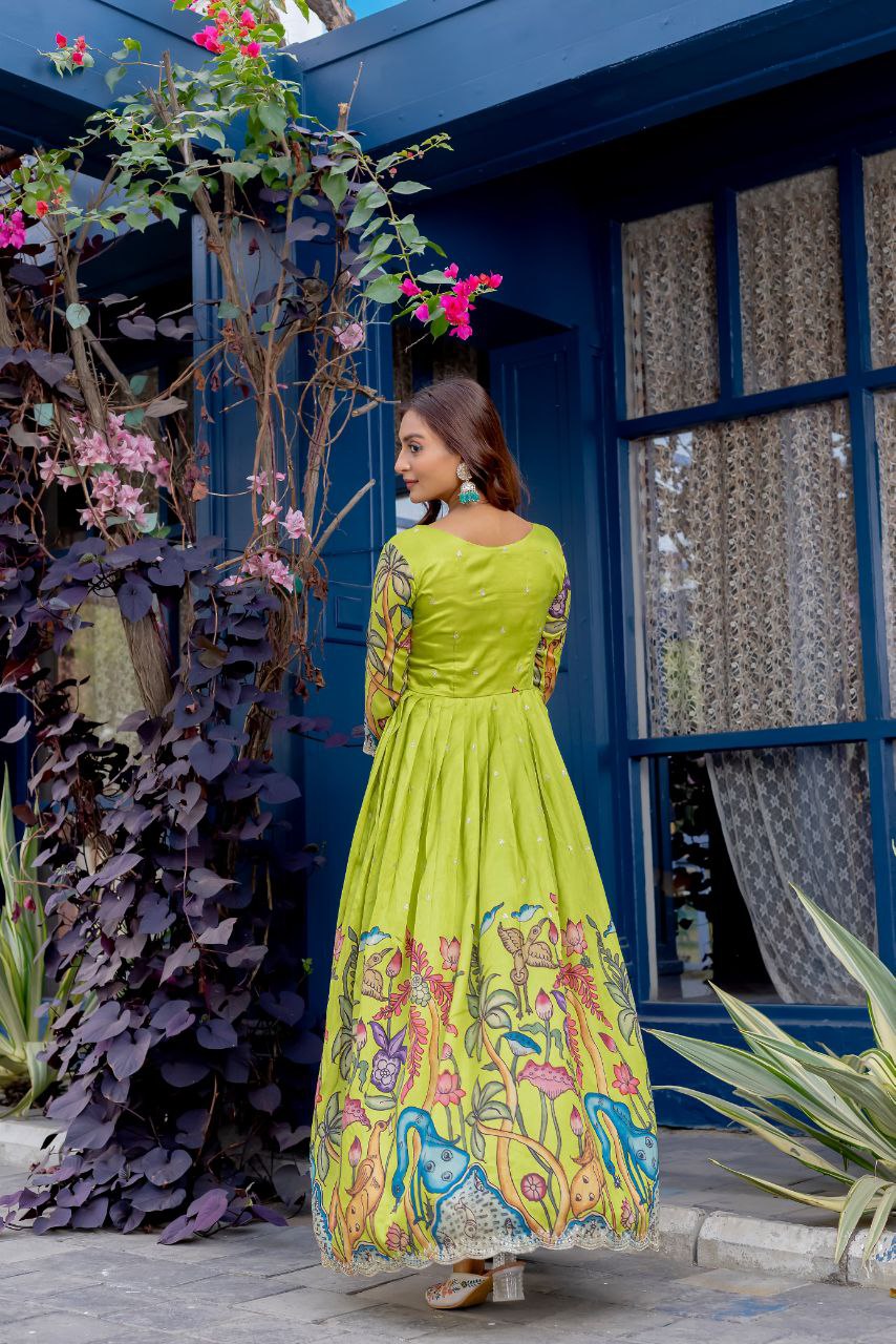 Elegant Kalamkari Printed Gown with Scallop Embroidery Details