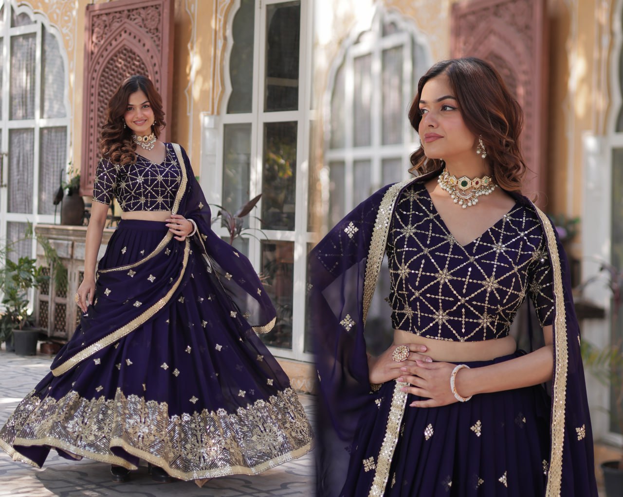 Designer Dark Purple Rangoli Silk Lehenga Choli Set with Sequins & Thread Embroidery