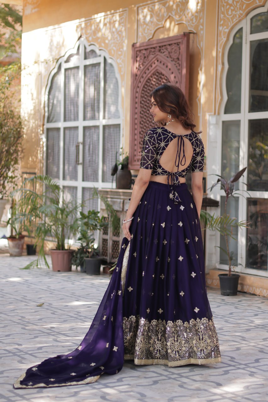 Designer Dark Purple Rangoli Silk Lehenga Choli Set with Sequins & Thread Embroidery