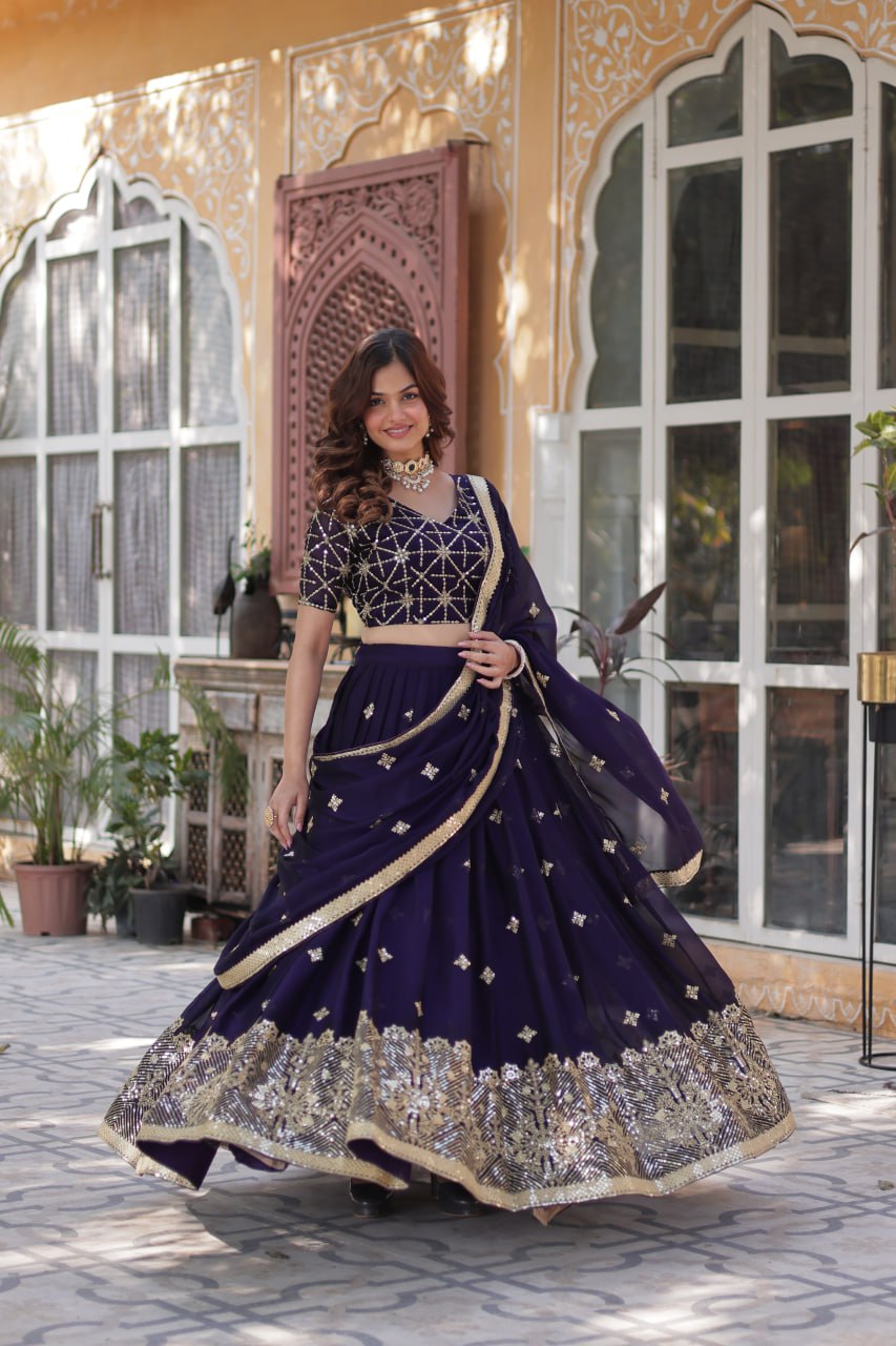 Designer Dark Purple Rangoli Silk Lehenga Choli Set with Sequins & Thread Embroidery