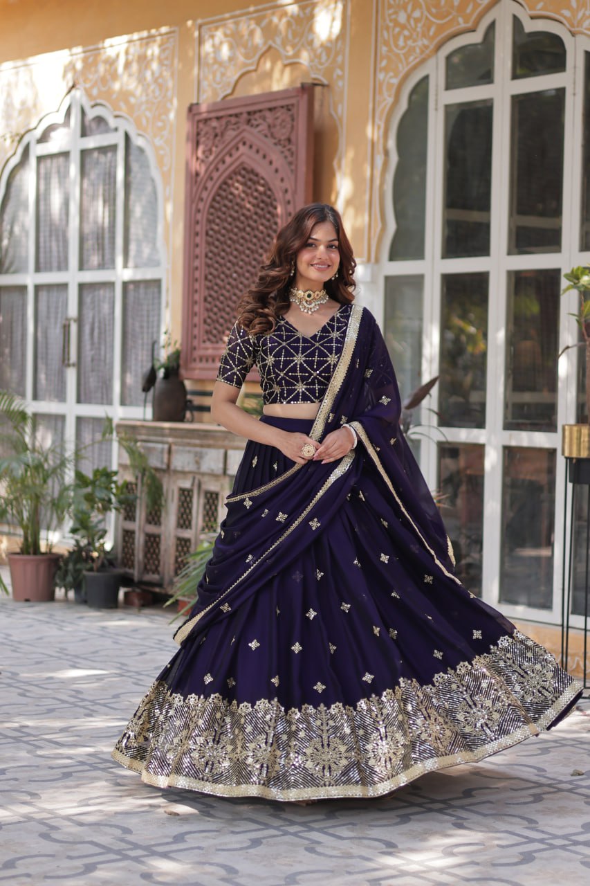 Designer Dark Purple Rangoli Silk Lehenga Choli Set with Sequins & Thread Embroidery