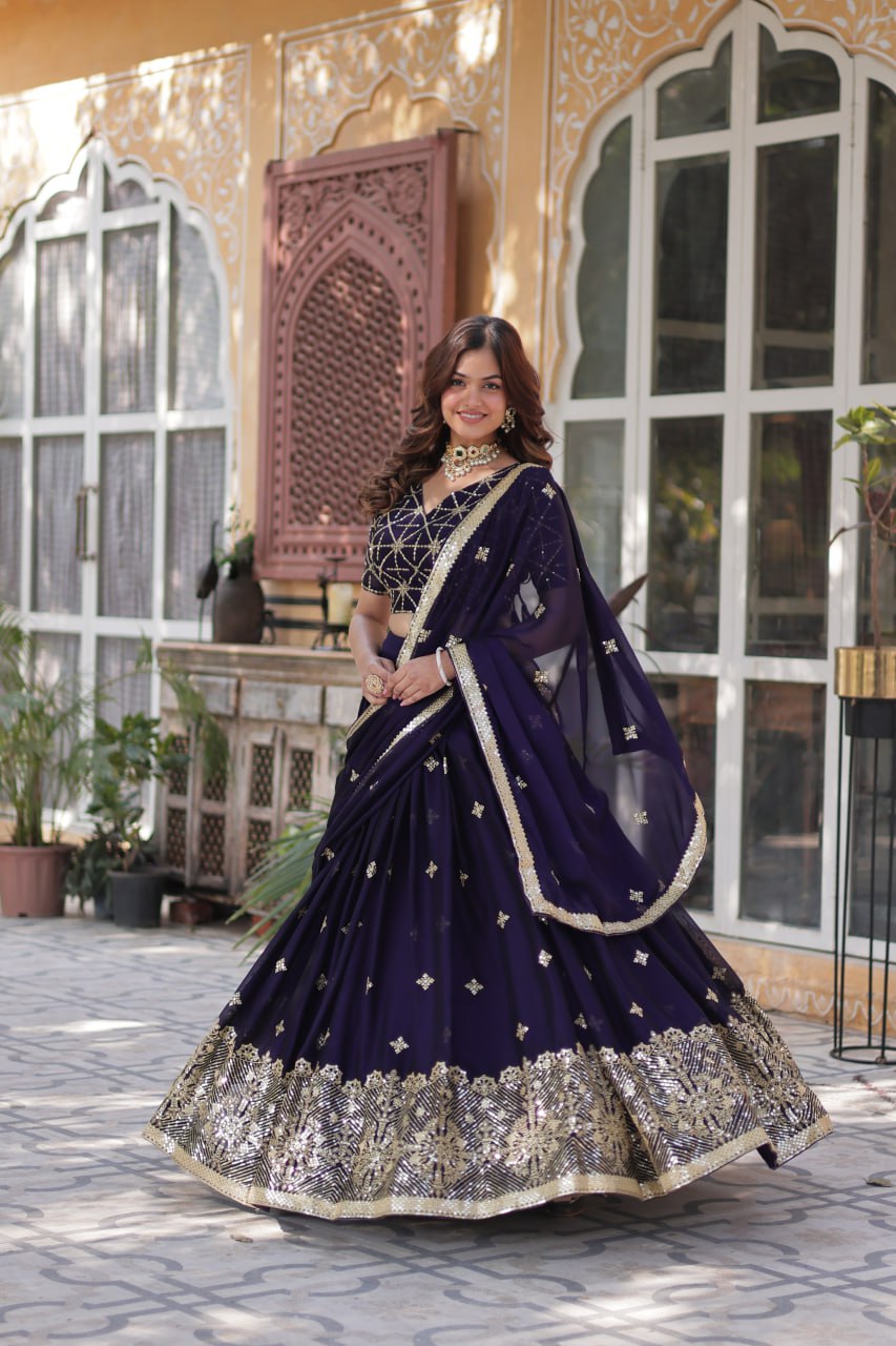 Designer Dark Purple Rangoli Silk Lehenga Choli Set with Sequins & Thread Embroidery