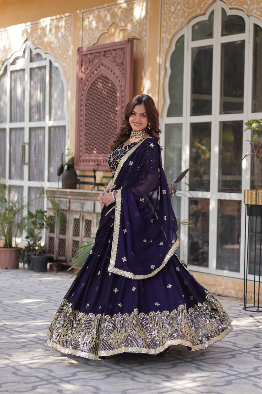 Designer Dark Purple Rangoli Silk Lehenga Choli Set with Sequins & Thread Embroidery