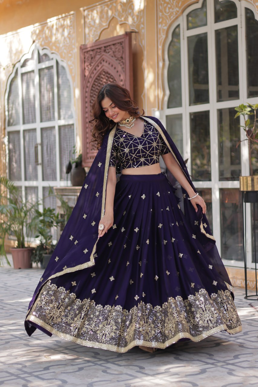 Designer Dark Purple Rangoli Silk Lehenga Choli Set with Sequins & Thread Embroidery