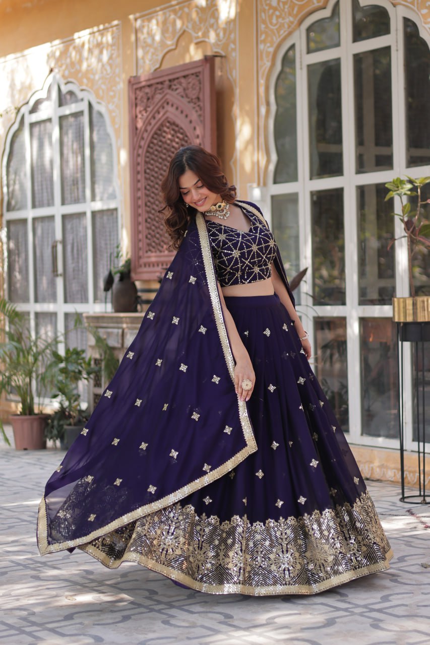 Designer Dark Purple Rangoli Silk Lehenga Choli Set with Sequins & Thread Embroidery