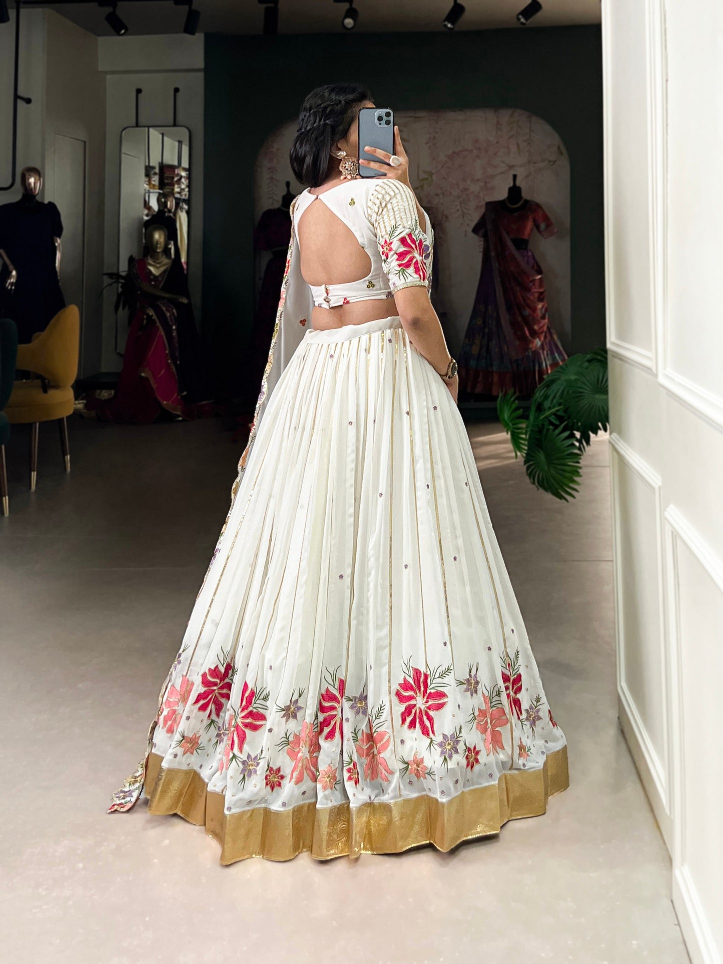 Elegant White Wedding Lehenga Choli Set with Sequins & Thread Embroidery – Stitched Georgette Lehenga, Unstitched Blouse, & Embroidered Dupatta